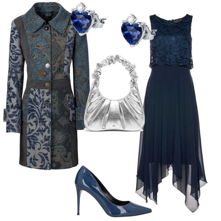 Outfit donna - Evento o cerimonia....blue night. Stile Glamour per Serata fuori. Abbinamento con vestiti midi/longuette, cappotti, décolleté, orecchini, borse a mano.