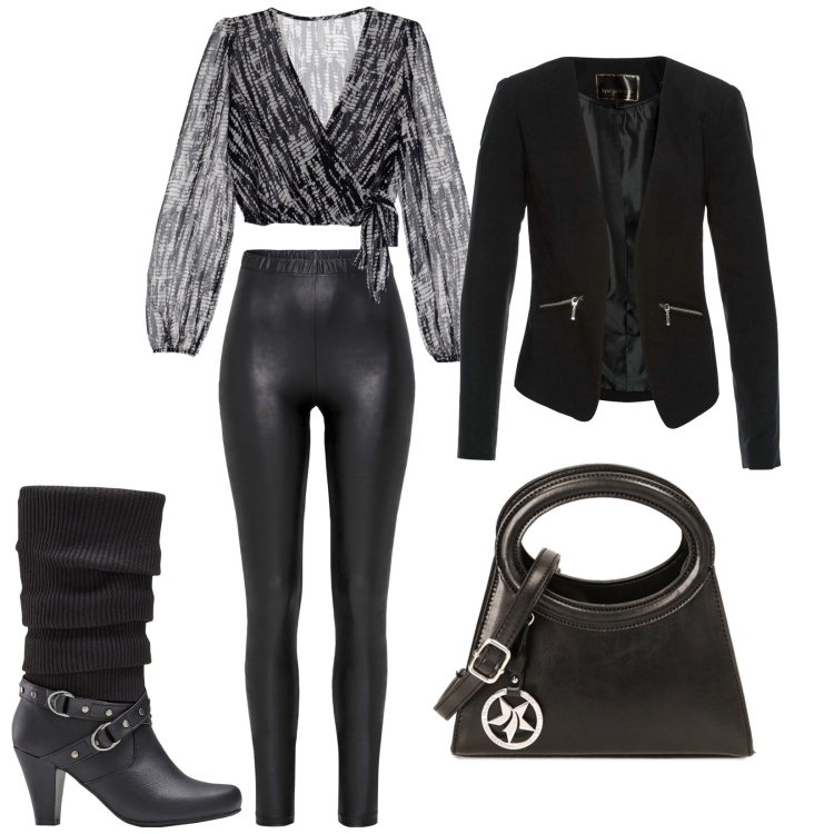 Outfit donna - Sinceramente. Stile Trendy per Serata fuori. Abbinamento con blazer, stivali, treggings, camicie, borse a spalla.