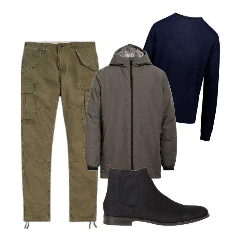 Outfit uomo - Blu e verde. Stile Casual per Tutti i giorni. Abbinamento con stivali e stivaletti, cappotti, pantaloni cargo, maglieria.