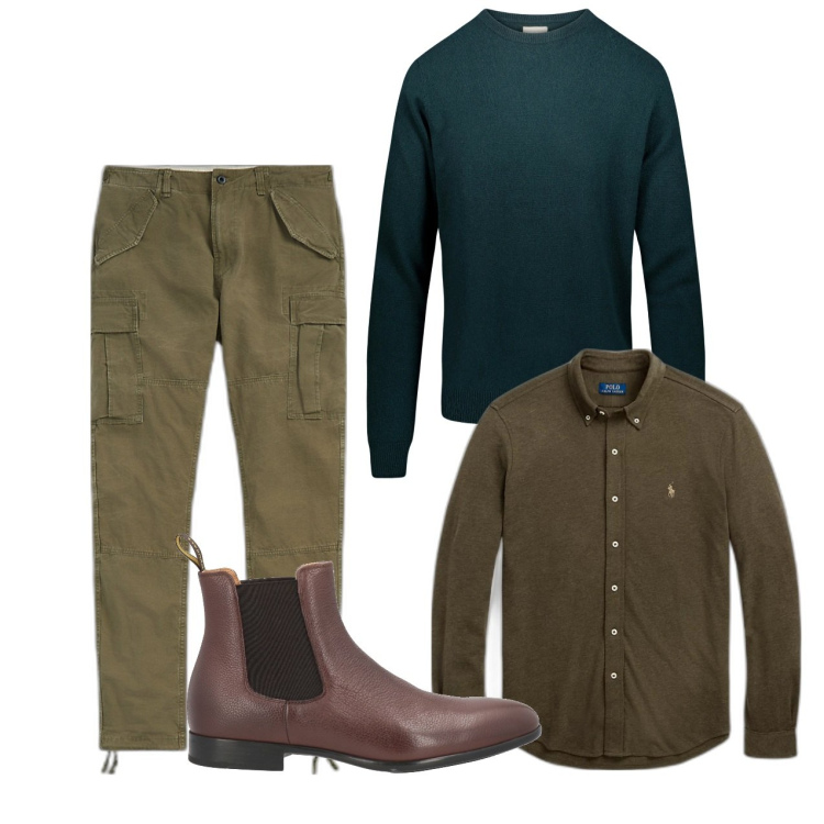 Outfit uomo - Green e green. Stile Casual per Tutti i giorni. Abbinamento con stivali e stivaletti, camicie, pantaloni cargo, maglieria.