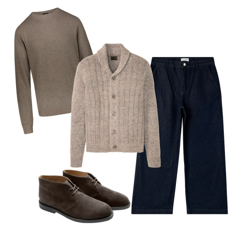 Outfit uomo - Cardigan e pull. Stile Casual per Tutti i giorni. Abbinamento con cardigans, jeans, stivali, maglieria.