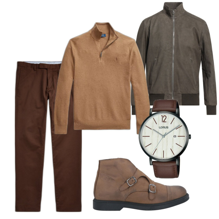 Outfit uomo - Un bel ragazzo. Stile Casual per Tutti i giorni. Abbinamento con stivali e stivaletti, bomber, orologi, pantaloni chino, maglieria.