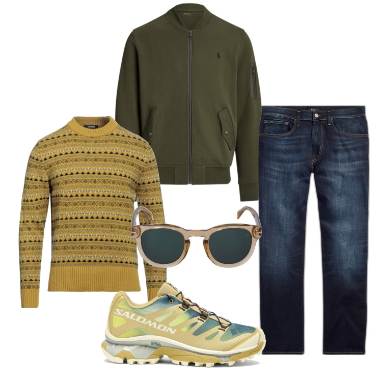 Outfit uomo - Inverno sneakers. Stile Urban per Tutti i giorni. Abbinamento con pullovers, jeans dritti, bomber, sneakers, occhiali da sole.