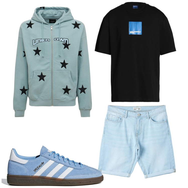 Outfit uomo - Total look #1814597. Stile Trendy per Tutti i giorni. Abbinamento con t-shirt, bermuda, felpe con cappuccio, sneakers.