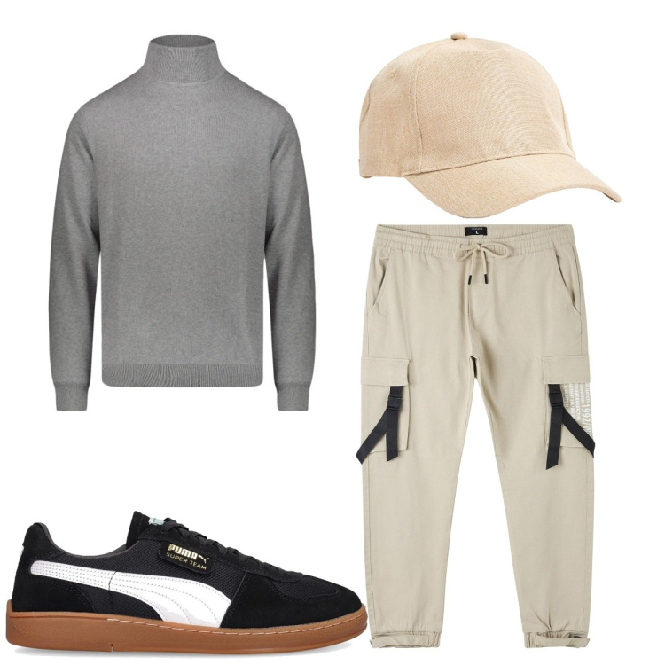 Outfit uomo - Total look #1814602. Stile Trendy per Tutti i giorni. Abbinamento con pantaloni cargo, cappelli, maglieria, sneakers.