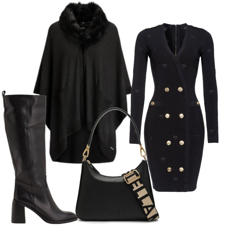 Outfit donna - Total look #1814615. Stile Trendy per Serata fuori. Abbinamento con stivali, vestiti corti, cappe, borse a spalla.