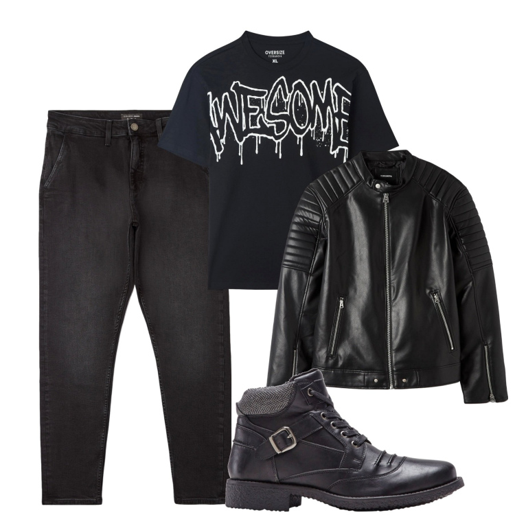 Outfit uomo - Venerdì sera. Stile Biker Rock per Serata speciale. Abbinamento con stivali e stivaletti, t-shirt, giacche, jeans skinny.