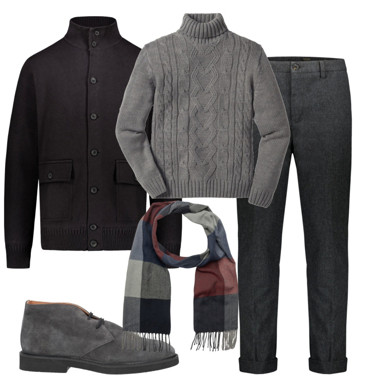 Outfit uomo - In ufficio. Stile Urban per Ufficio. Abbinamento con maglieria, stivali e stivaletti, cappotti, pantaloni, sciarpe.
