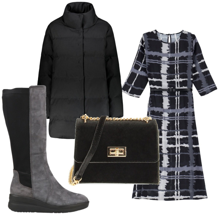 Outfit donna - Total look #1814648. Stile Trendy per Tutti i giorni. Abbinamento con stivali sopra il ginocchio, vestiti midi/longuette, borse a tracolla, piumini.