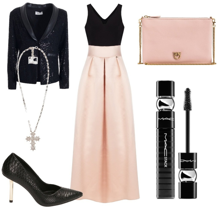 Outfit donna - Alessia: serata di gala. Stile Chic per Cerimonia. Abbinamento con collane, mascara, borse a tracolla, vestiti lunghi, blazer, décolleté.