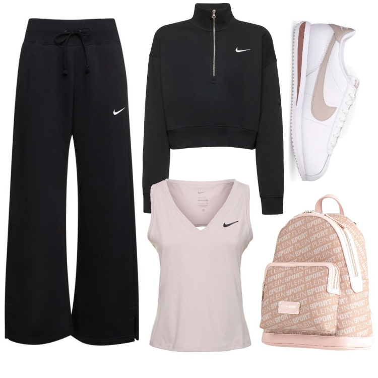Outfit donna - Elena: passeggiata lungomare. Stile Sporty chic per Tutti i giorni. Abbinamento con zaini, pantaloni, sneakers, felpe, canottiere.
