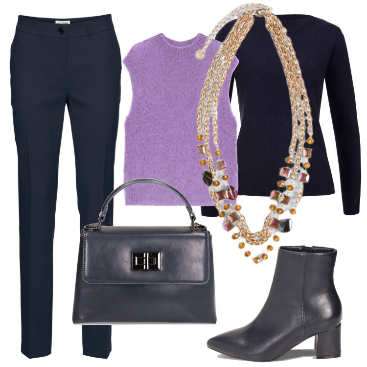 Outfit donna - Il gilet in lana color malva. Stile Casual chic per Ufficio. Abbinamento con pantaloni, maglieria, borse a mano, stivaletti, gilet, collane.