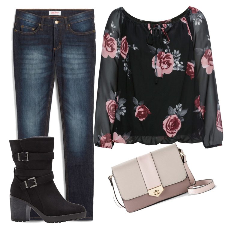 Outfit donna - Jeans & stivali. Stile Casual chic per Tutti i giorni. Abbinamento con jeans skinny, bluse, stivali, borse a tracolla.