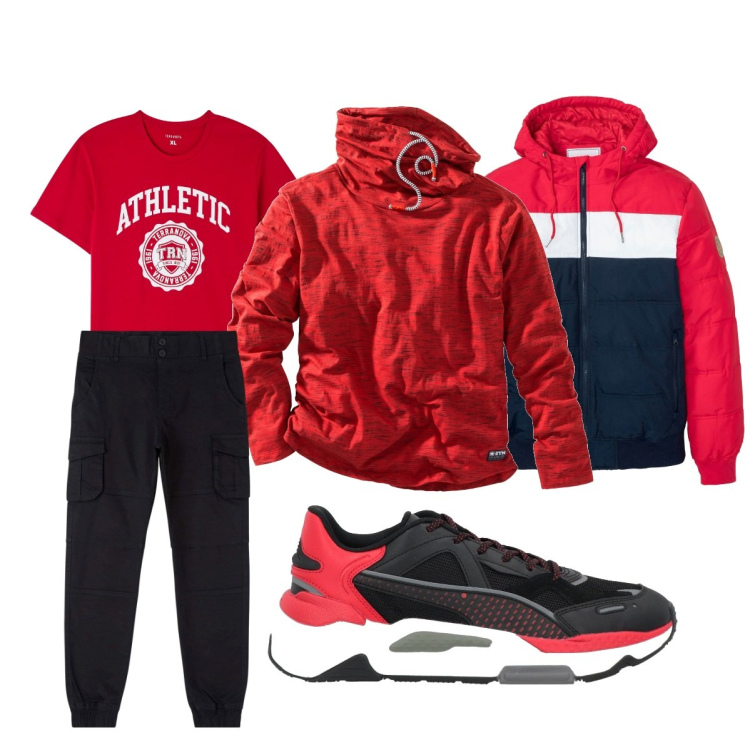 Outfit uomo - Sport 3. Stile Casual per Sport. Abbinamento con maglieria, giacche, sneakers, t-shirt, pantaloni cargo.