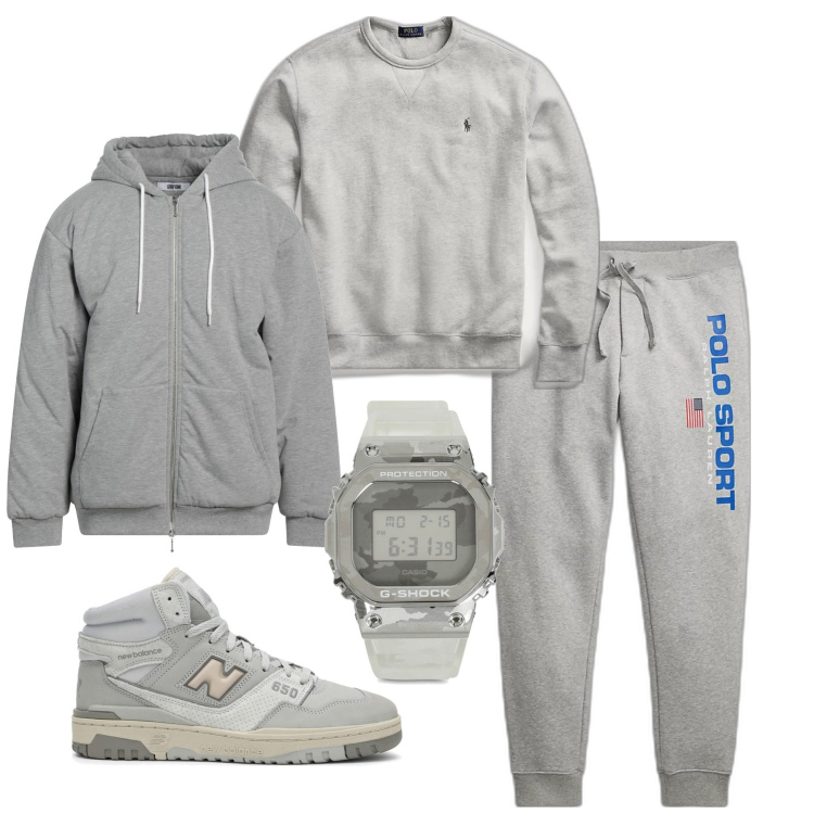 Outfit uomo - Inverno sport. Stile Urban per Sport. Abbinamento con cappotti, felpe, pantaloni, orologi digitali, sneakers alte.