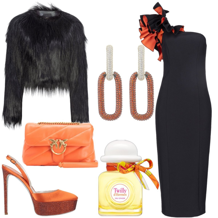 Outfit donna - Serata fuori. Stile Chic per Serata fuori. Abbinamento con décolleté, orecchini, profumi, vestiti senza maniche, blazer, borse a tracolla.