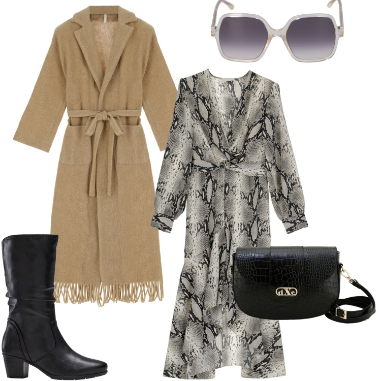 Outfit donna - Glamour sempre. Stile Glamour per Tutti i giorni. Abbinamento con stivali, trench, vestiti asimmetrici, pochette, occhiali da sole.