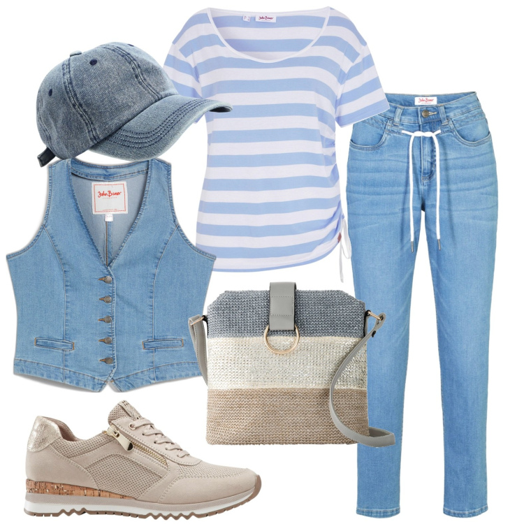 Outfit donna - Sportiva primaverile. Stile Casual per Tutti i giorni. Abbinamento con sneakers, gilet, borse a tracolla, jeans boyfriend, maglieria, cappelli.