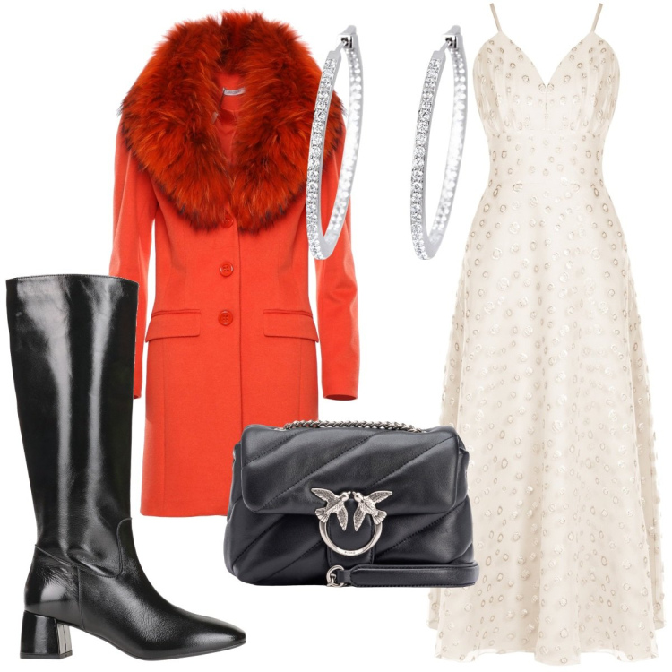 Outfit donna - Total look #1814746. Stile Trendy per Serata fuori. Abbinamento con stivali, orecchini, borse a tracolla, vestiti lunghi, cappotti.