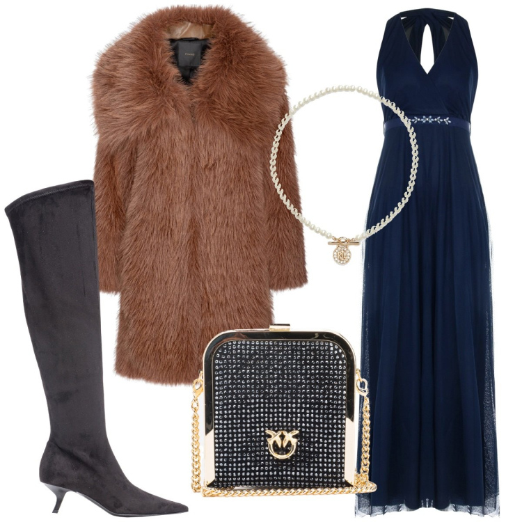Outfit donna - Total look #1814756. Stile Trendy per Serata fuori. Abbinamento con cappotti, clutch, stivali sopra il ginocchio, vestiti lunghi, ciondoli.