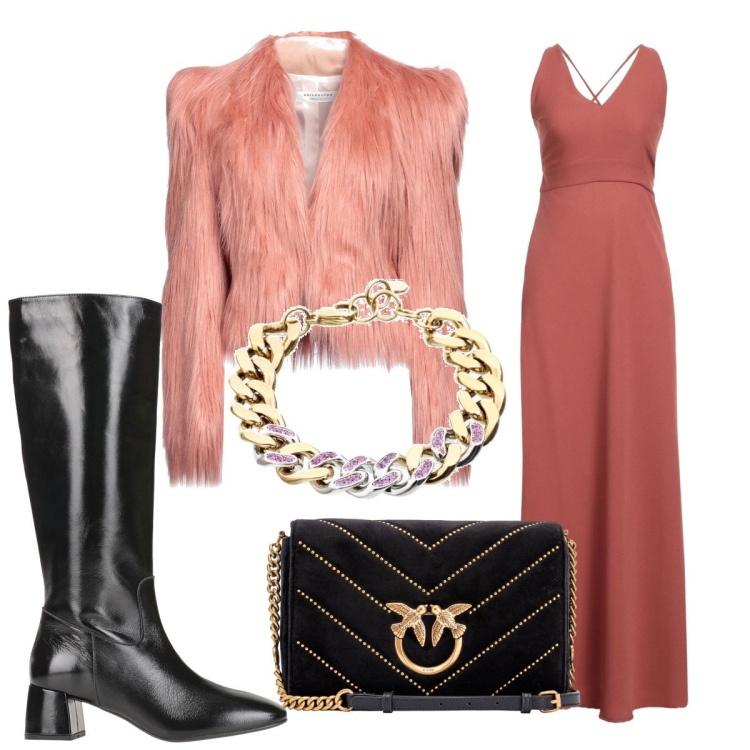 Outfit donna - Total look #1814757. Stile Trendy per Serata fuori. Abbinamento con stivali, vestiti lunghi, cappotti, braccialetti, borse a tracolla.