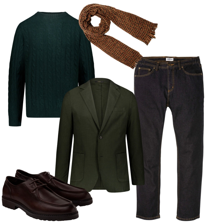 Outfit uomo - Inverno verde giada. Stile Casual per Tutti i giorni. Abbinamento con jeans dritti, maglieria, sciarpe, giacche, scarpe stringate.