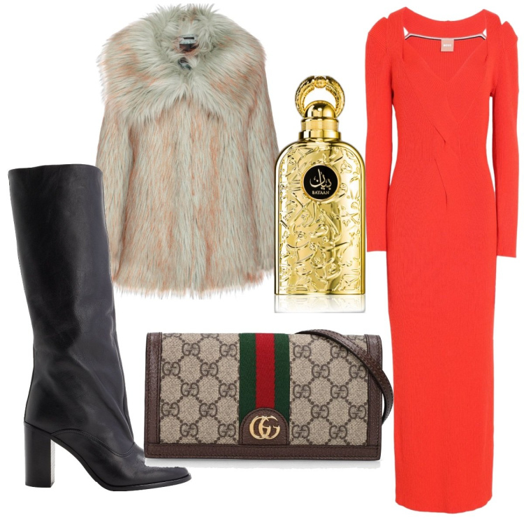 Outfit donna - Total look #1814762. Stile Trendy per Serata fuori. Abbinamento con vestiti lunghi, stivali, profumi, cappotti, borse a spalla.