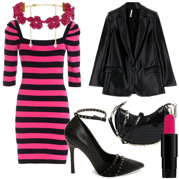 Outfit donna - Total look #1814767. Stile Trendy per Serata fuori. Abbinamento con collane, borse a tracolla, rossetti, cappotti, vestiti, décolleté.