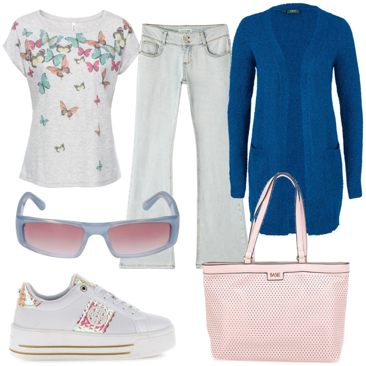 Outfit donna - Farfalle. Stile Basic per Tutti i giorni. Abbinamento con maglieria, cardigans, jeans a zampa, sneakers, borse a spalla, occhiali da sole.