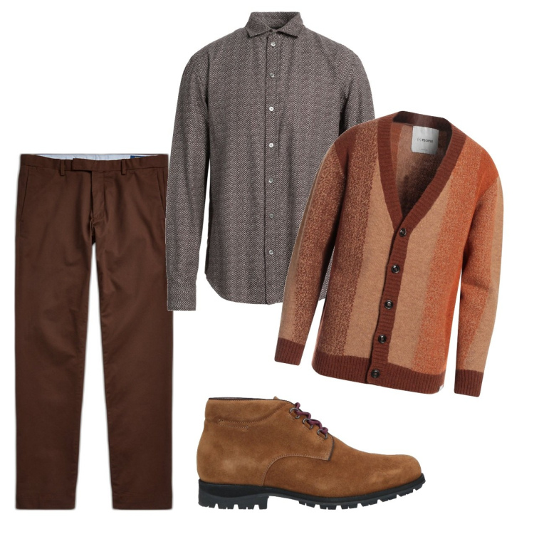 Outfit uomo - I colori della terra. Stile Trendy per Tutti i giorni. Abbinamento con cardigans, stivali e stivaletti, camicie, pantaloni chino.