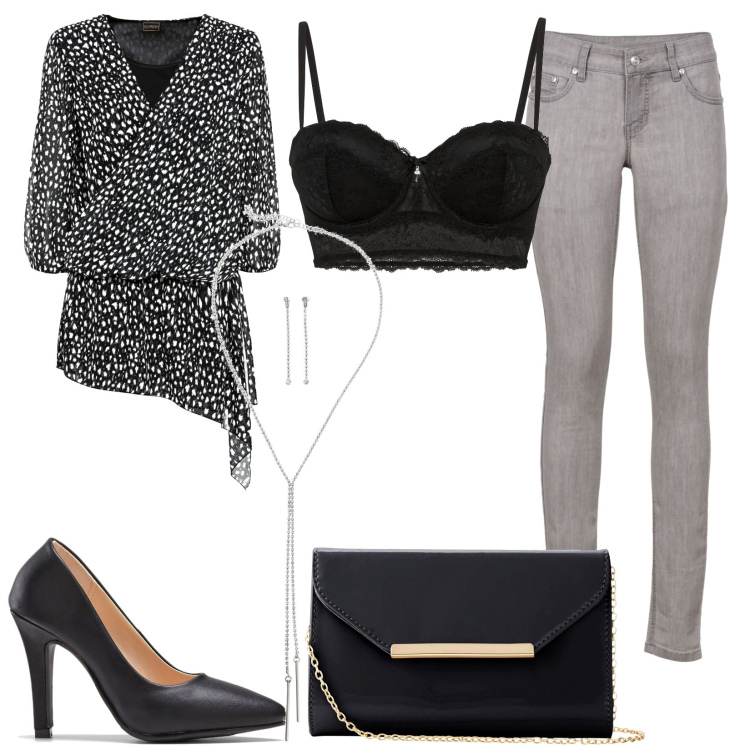 Outfit donna - Lingerie Bonprix. Stile Casual chic per Serata fuori. Abbinamento con reggiseni a balconcino, bluse, jeans skinny, collane, pochette, décolleté.