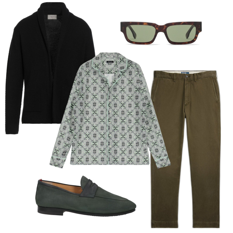 Outfit uomo - Inverno cardigan. Stile Trendy per Serata speciale. Abbinamento con cardigans, scarpe stringate, pantaloni, camicie, occhiali da sole.