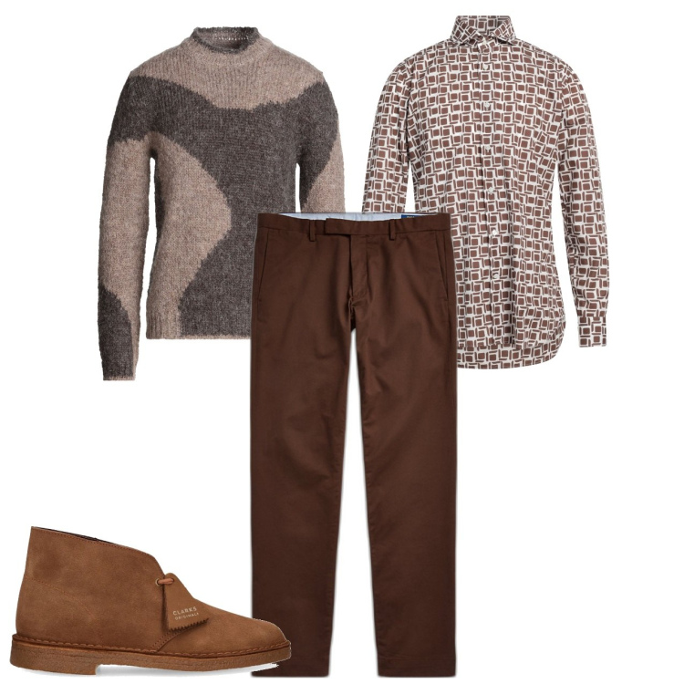 Outfit uomo - Marrone. Stile Trendy per Tutti i giorni. Abbinamento con pullovers, camicie, pantaloni chino, stivali.