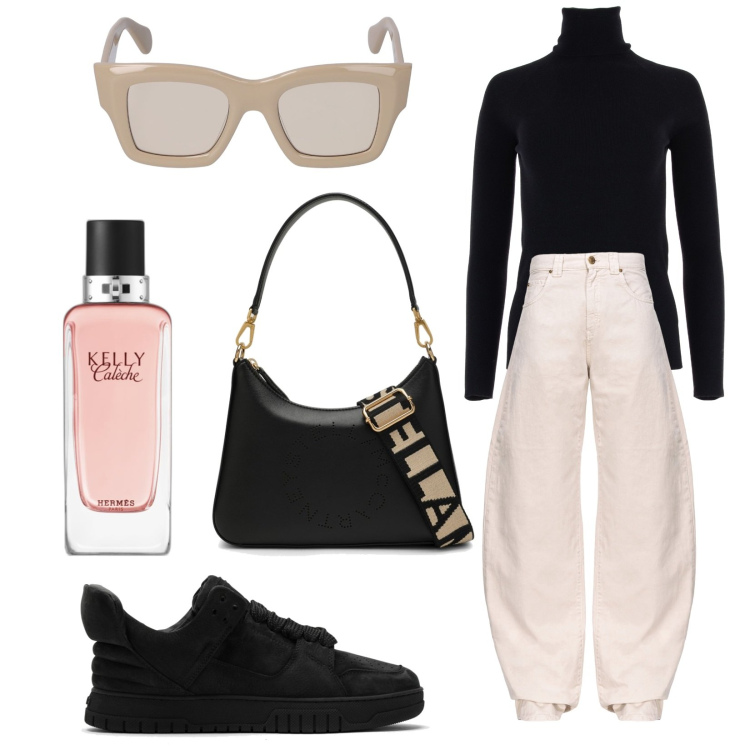 Outfit donna - Total look #1814842. Stile Trendy per Tutti i giorni. Abbinamento con profumi, jeans, sneakers, maglieria, borse a spalla, occhiali da sole.