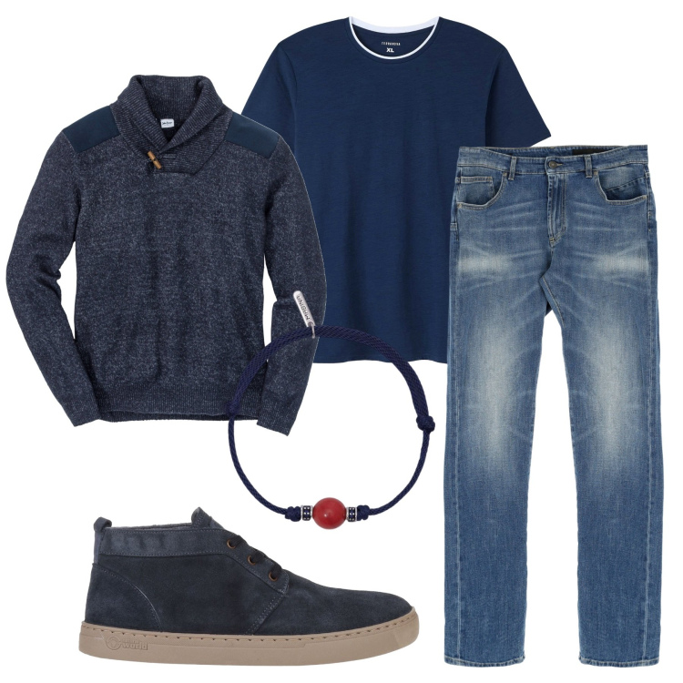 Outfit uomo - Inverno weekend. Stile Casual per Tutti i giorni. Abbinamento con maglieria, stivali e stivaletti, t-shirt, braccialetti, jeans dritti.