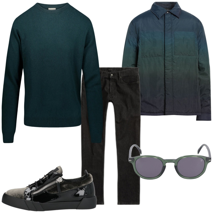 Outfit uomo - Verde. Stile Casual per Tutti i giorni. Abbinamento con sneakers, giacche, jeans, maglieria, occhiali da sole.