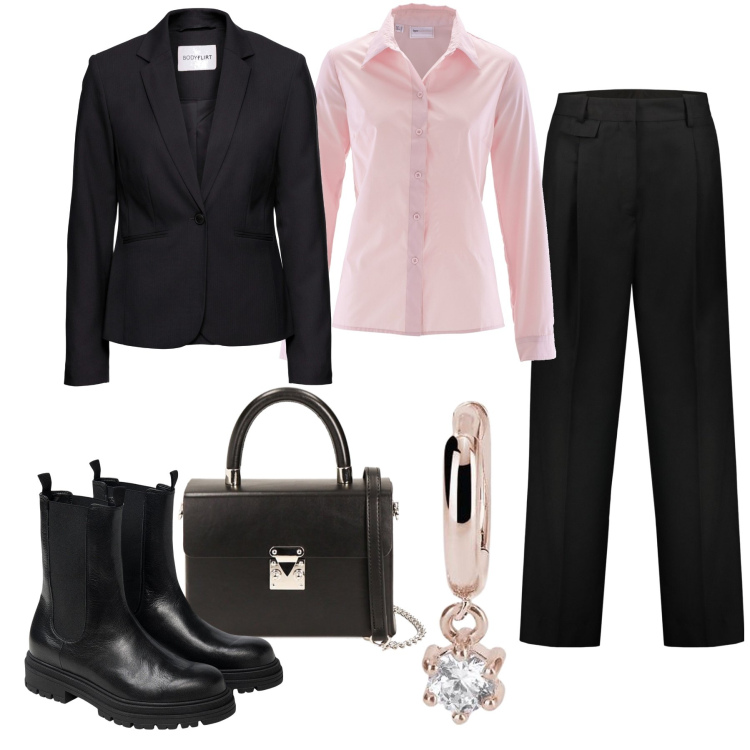Outfit donna - Essenziale. Stile Mannish per Ufficio. Abbinamento con blazer, camicie, orecchini, borse a spalla, pantaloni, stivaletti chelsea.