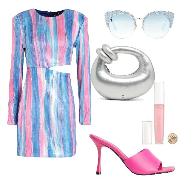 Outfit donna - Stile Barbie. Stile Glamour per Serata fuori. Abbinamento con vestiti corti, occhiali da sole, sandali in pelle, gloss, borse a mano.