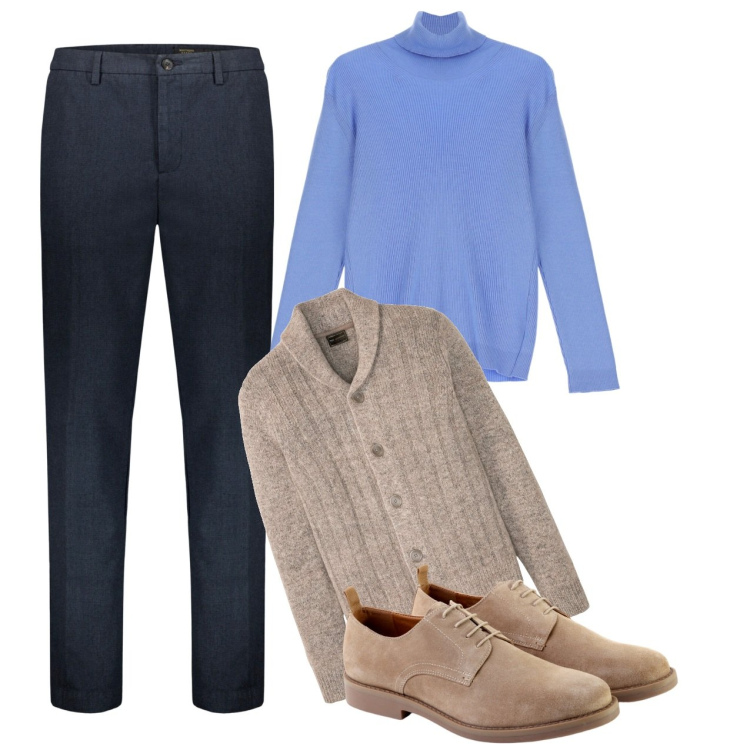 Outfit uomo - Chiarezza. Stile Casual per Tutti i giorni. Abbinamento con cardigans, maglieria, scarpe stringate, pantaloni.
