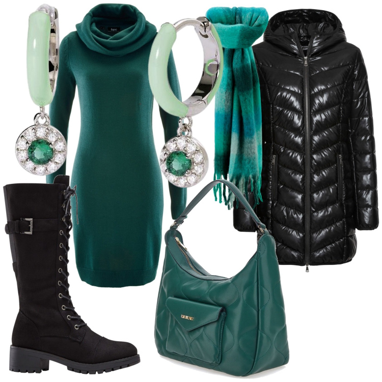 Outfit donna - Emerald night. Stile Trendy per Serata fuori. Abbinamento con stivali, giacche, vestiti, orecchini, sciarpe, borse a spalla.