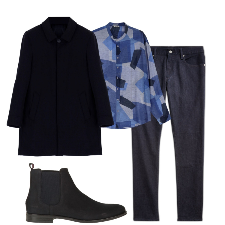 Outfit uomo - Blu. Stile Urban per Tutti i giorni. Abbinamento con stivali e stivaletti, trench, camicie, jeans.