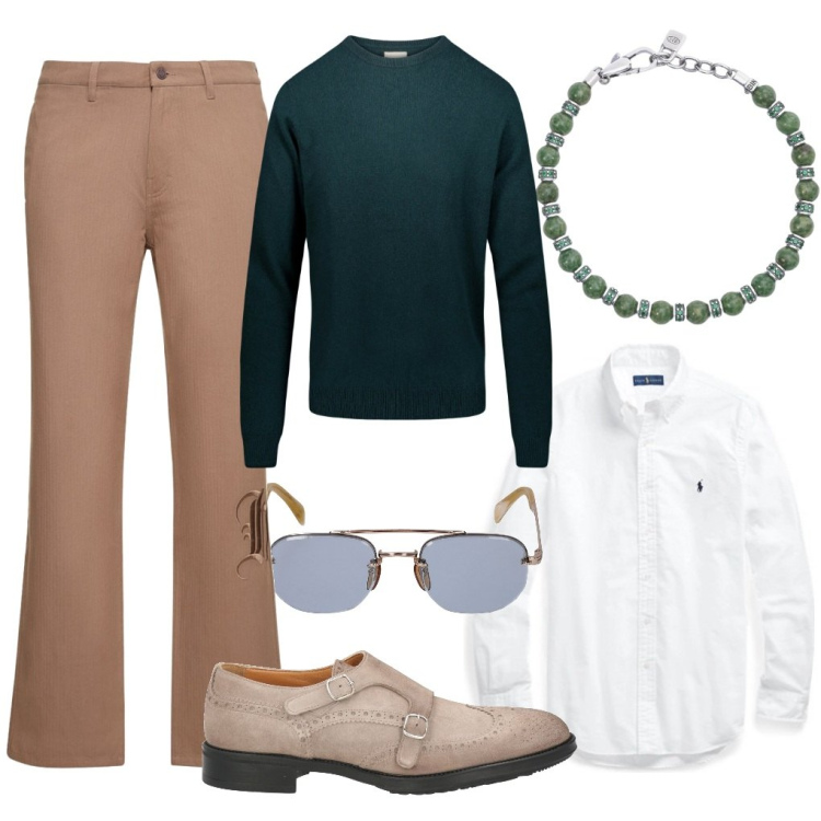 Outfit uomo - Aristide: dopo pranzo. Stile Casual per Ufficio. Abbinamento con scarpe stringate, braccialetti, camicie, maglieria, occhiali da sole, pantaloni.