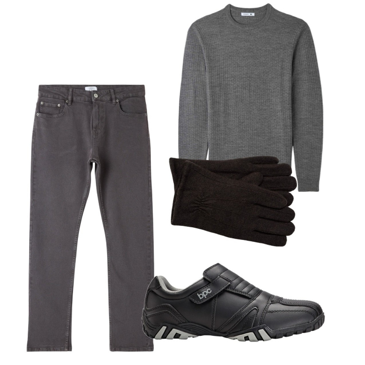 Outfit uomo - Sporty. Stile Urban per Tutti i giorni. Abbinamento con scarpe stringate, maglieria, pantaloni, guanti.