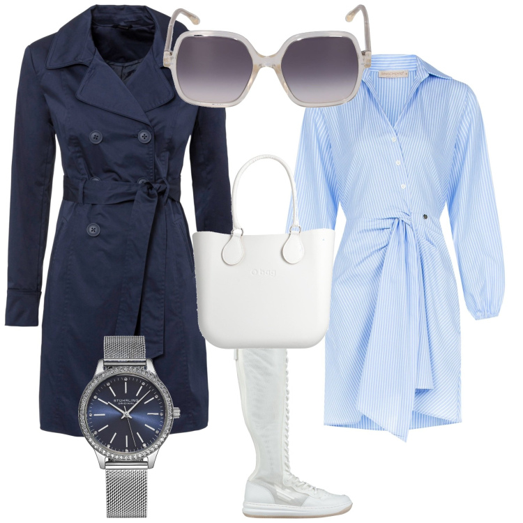Outfit donna - Tempo libero o ufficio..... Stile Casual chic per Tutti i giorni. Abbinamento con trench, stivali, borse a mano, orologi, vestiti chemisier, occhiali da sole.