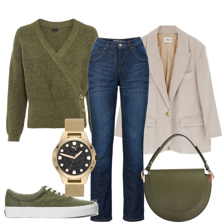 Outfit donna - City. Stile Casual chic per Tutti i giorni. Abbinamento con maglieria, jeans dritti, borse a mano, orologi, blazer, sneakers.