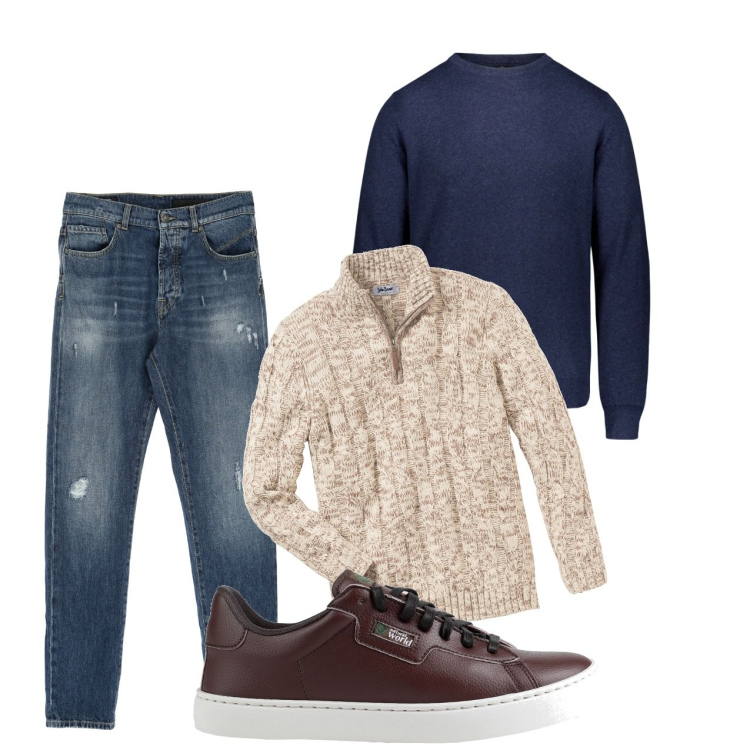 Outfit uomo - Pull beige. Stile Casual per Tutti i giorni. Abbinamento con maglieria, sneakers, jeans dritti, maglieria.