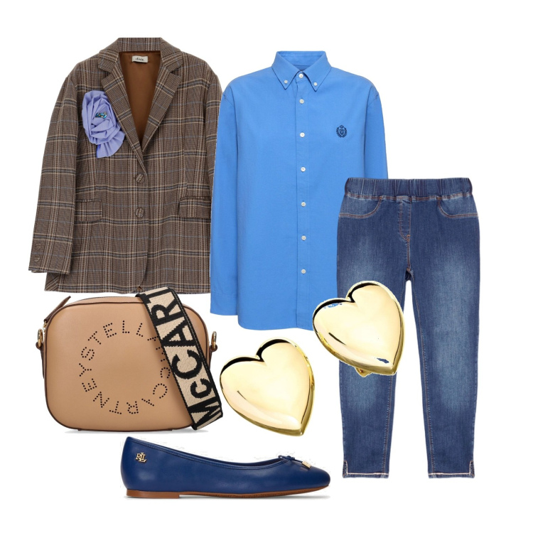 Outfit donna - Ghost outfitter - febbraio. Stile Casual per Tutti i giorni. Abbinamento con orecchini, ballerine, blazer, jeggings, borse a spalla, camicie.