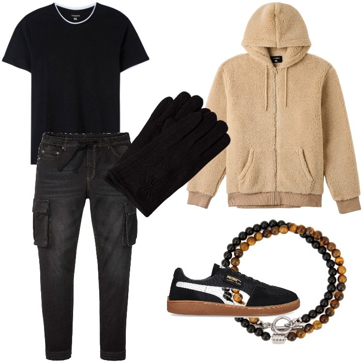 Outfit uomo - Total look #1814968. Stile Trendy per Tutti i giorni. Abbinamento con jeans slim fit, t-shirt, felpe con cappuccio, braccialetti, sneakers, guanti.