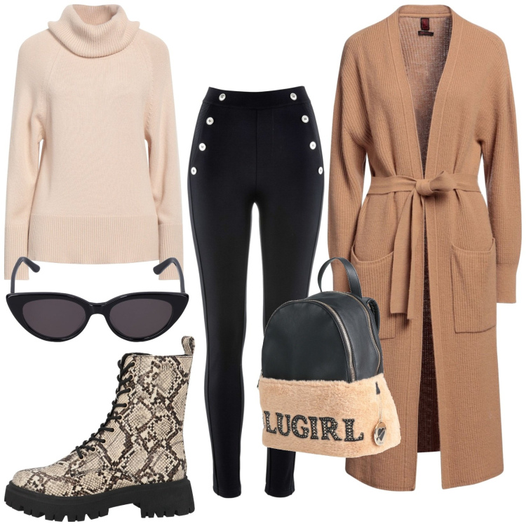 Outfit donna - Total look #1814991. Stile Casual per Tutti i giorni. Abbinamento con leggings, cardigans, anfibi, zaini, maglieria, occhiali da sole.