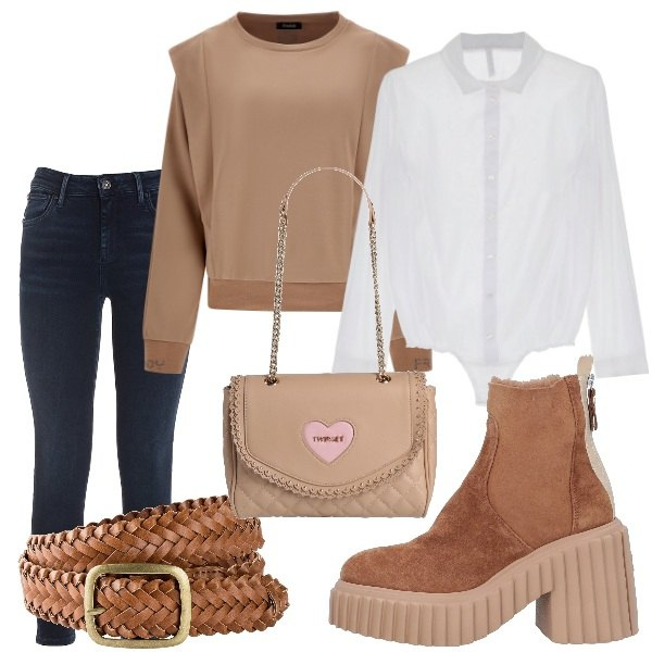 Outfit donna - Classy & Comfy. Stile Casual chic per Tutti i giorni. Abbinamento con cinture, borse a spalla, stivaletti, jeans skinny, body, maglieria.